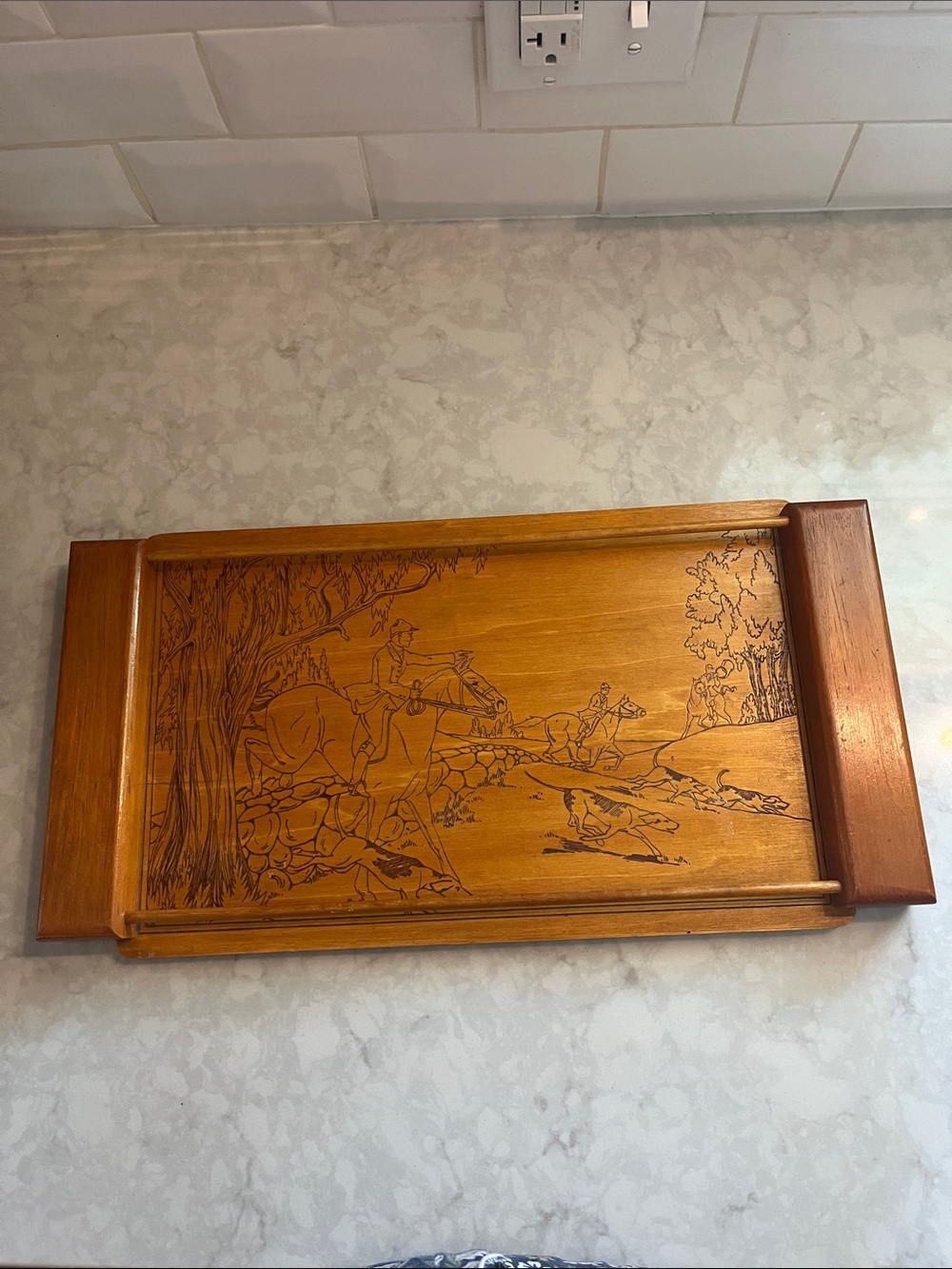Vintage wood tray Pyrography Fox hunting scene Handmade